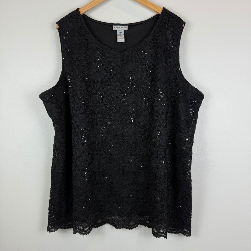 Catherines Tank Top Womens 26W Plus Black Sequins Floral Lace Event Glam Blouse
